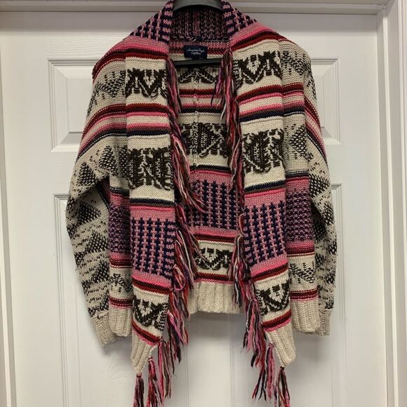 American Eagle Open Front Fringe Blanket Cardigan sz M - Picture 1 of 5